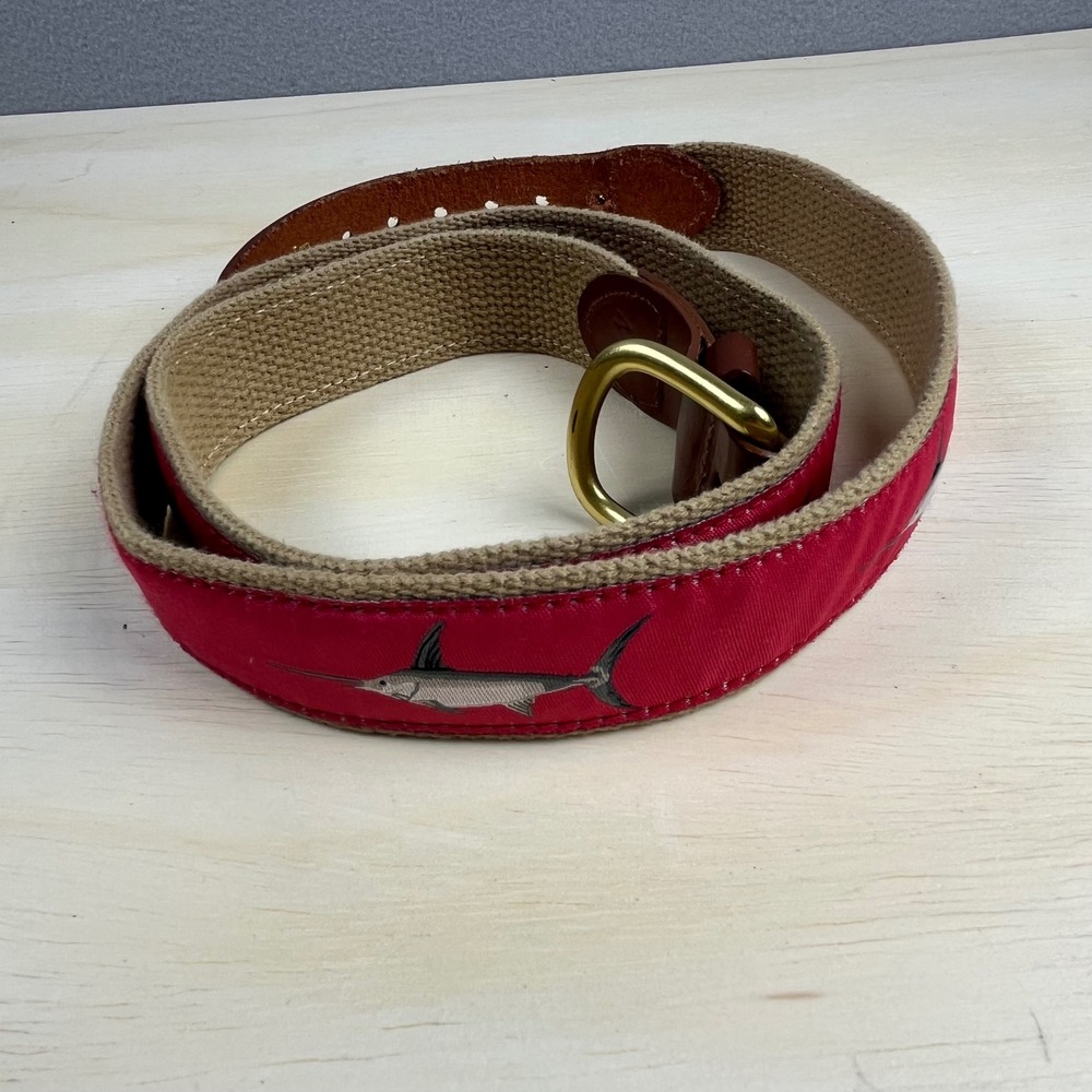 Leather Man Ltd Mens Red Swordfish Marlin Surcingle Belt Leather Brass Size 42